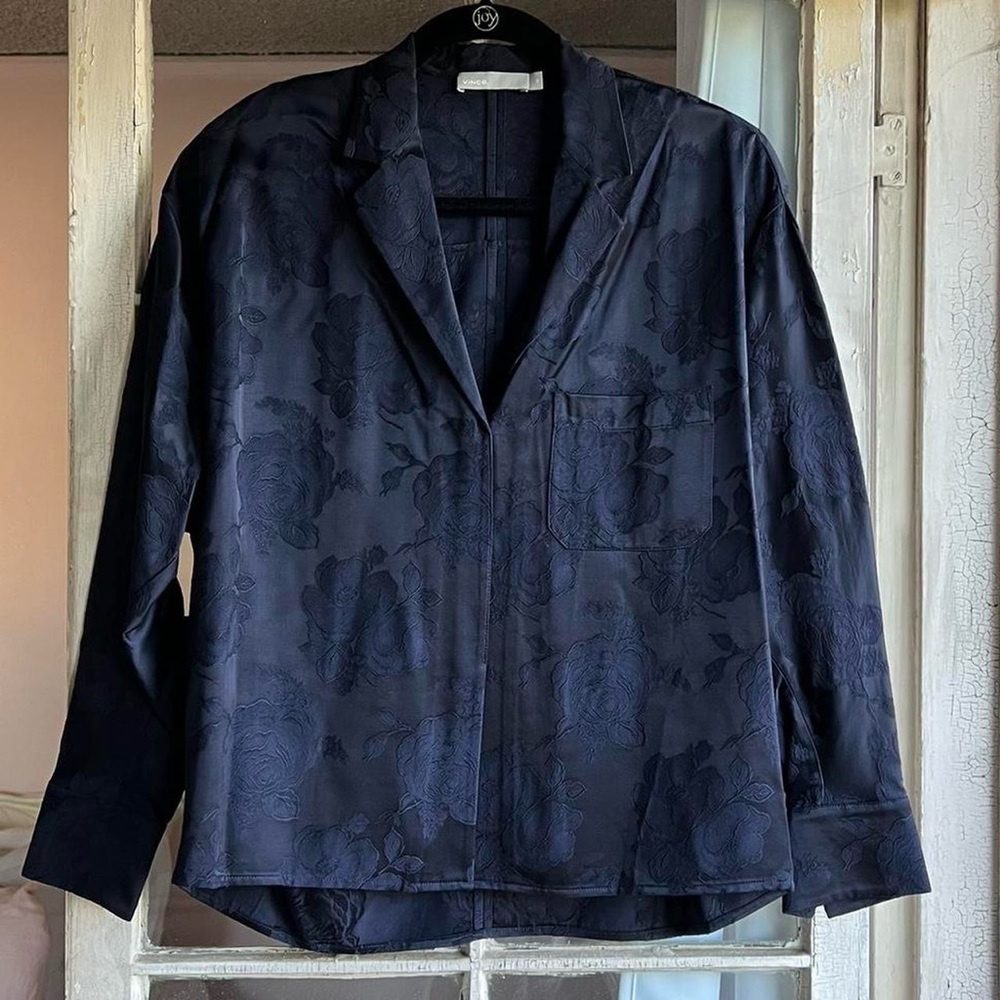 Vince Navy Collared Floral Jacquard V-Neck Long Sleeve Pullover Blouse